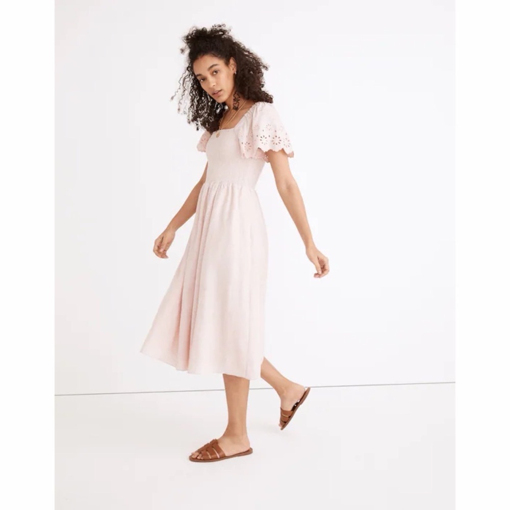 Madewell Linen-Blend Eyelet-Sleeve Lucie Smocked Midi Dress - Wisteria Dove - Picture 2 of 13